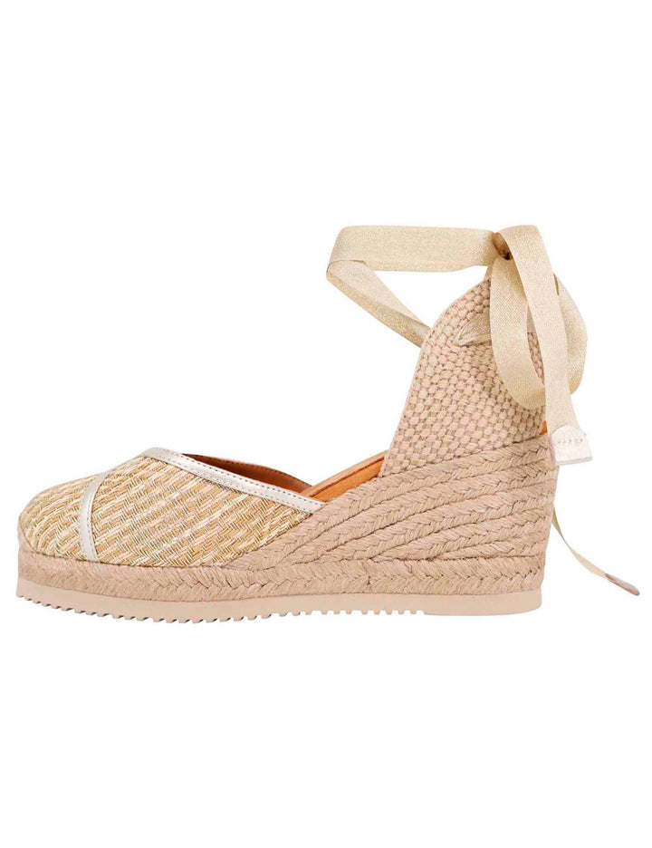 Spatarella Sandali espadrillas donna in tessuto oro e platino con zeppa in corda Soddisfazione Garantita