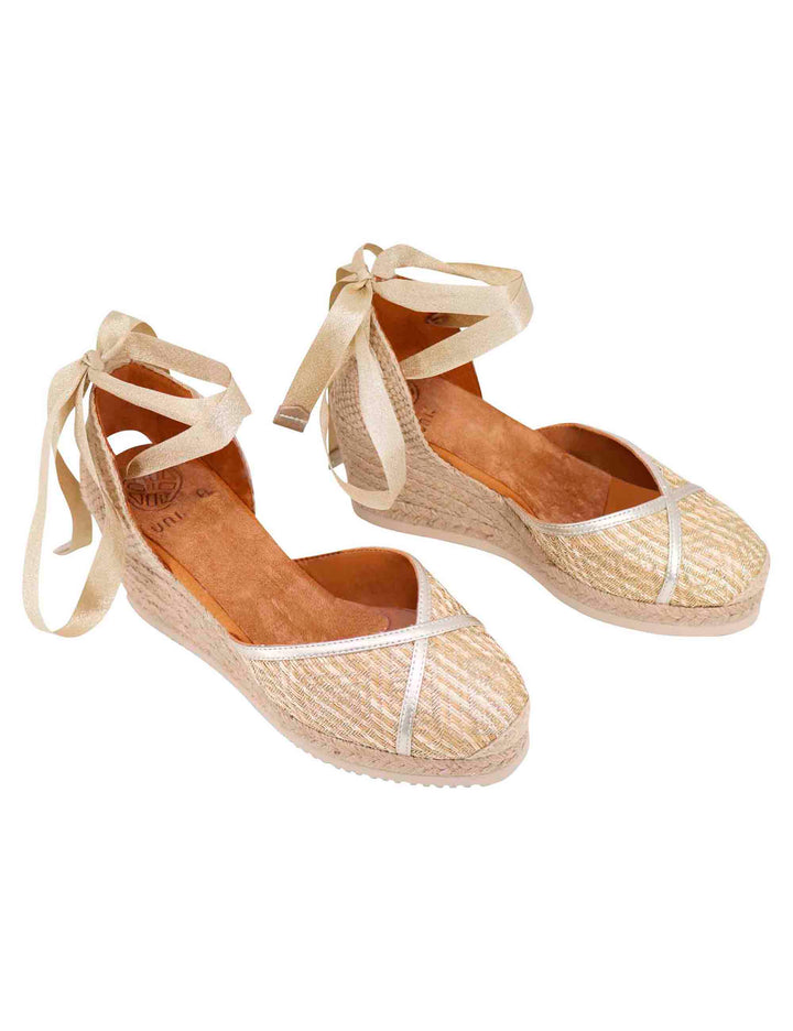 Spatarella Sandali espadrillas donna in tessuto oro e platino con zeppa in corda Soddisfazione Garantita