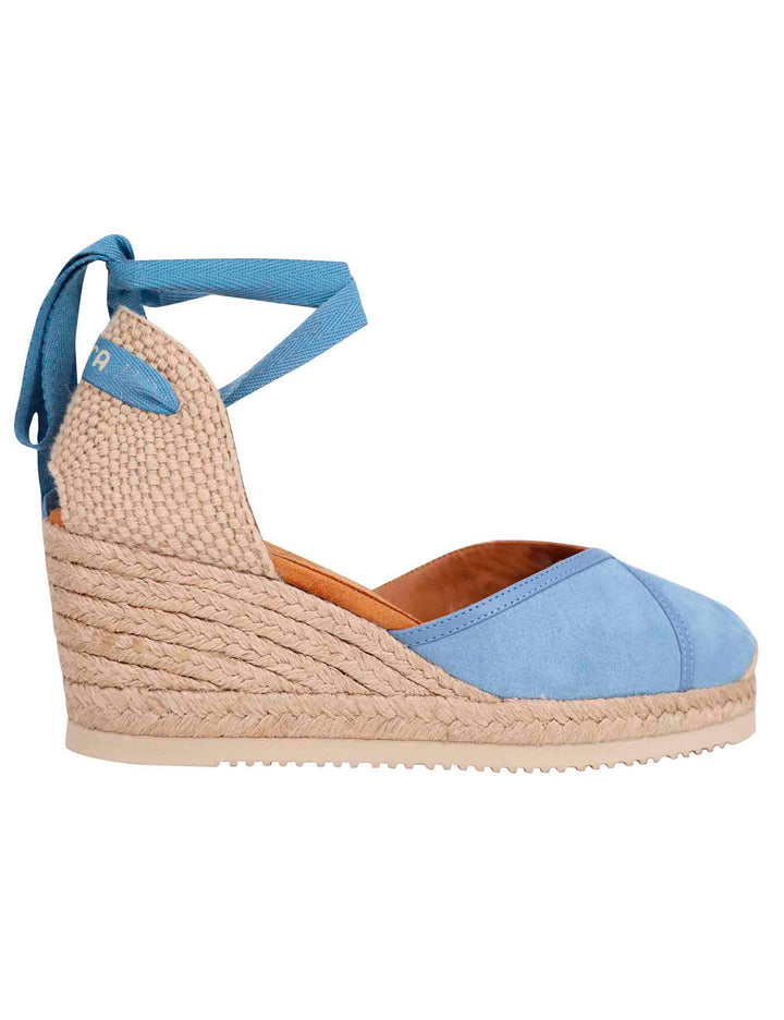 Spatarella Sandali espadrillas donna in camoscio celeste con zeppa in corda Acquista Ora