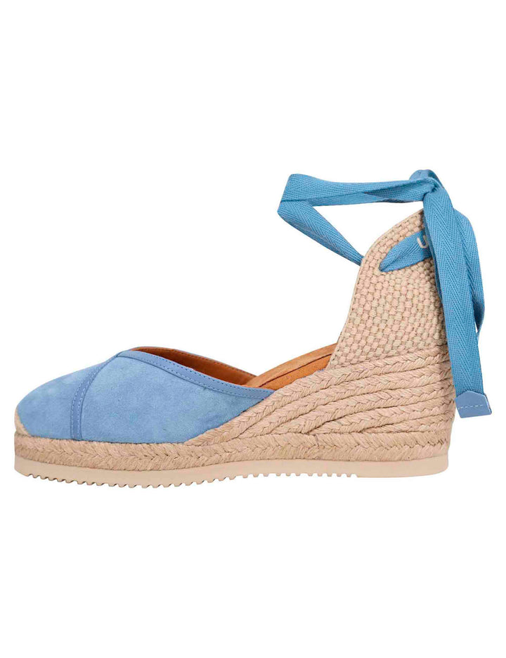 Spatarella Sandali espadrillas donna in camoscio celeste con zeppa in corda Acquista Ora