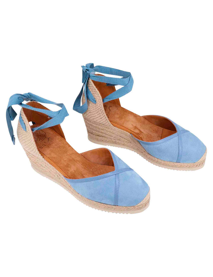 Spatarella Sandali espadrillas donna in camoscio celeste con zeppa in corda Acquista Ora