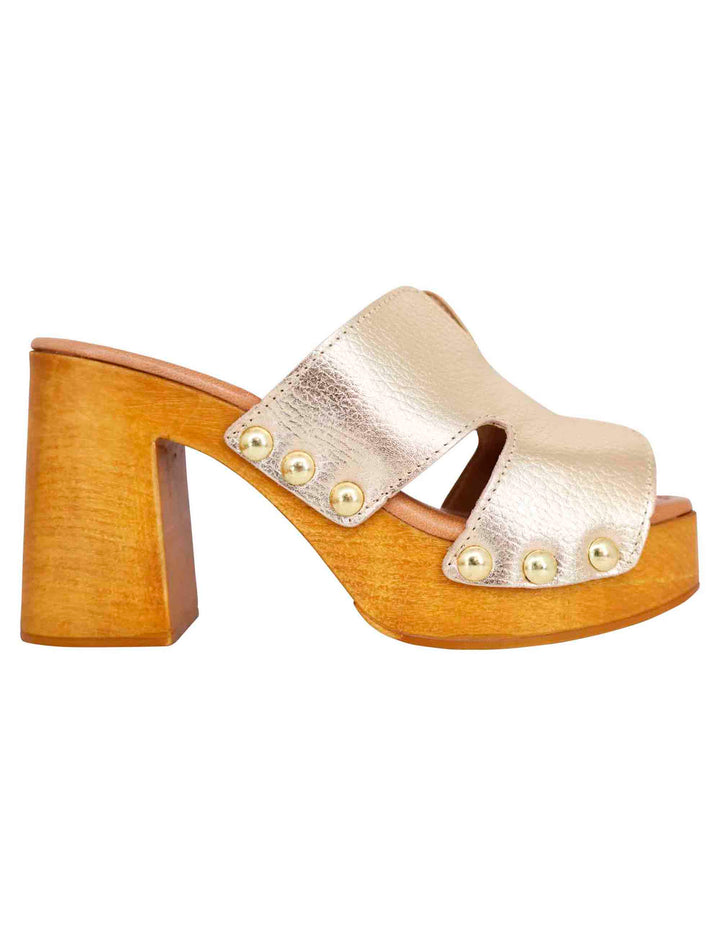 Spatarella Sandali zoccoli donna in pelle platino con fibbie oro e tacco alto Affare Del Giorno