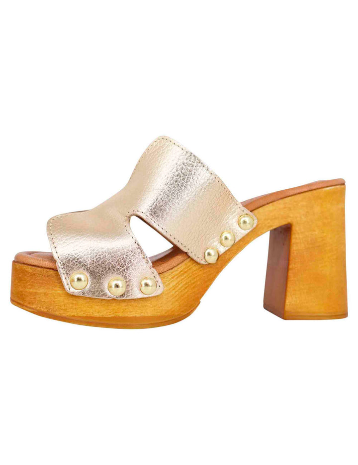 Spatarella Sandali zoccoli donna in pelle platino con fibbie oro e tacco alto Affare Del Giorno