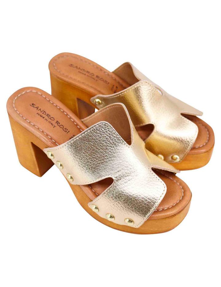 Spatarella Sandali zoccoli donna in pelle platino con fibbie oro e tacco alto Affare Del Giorno