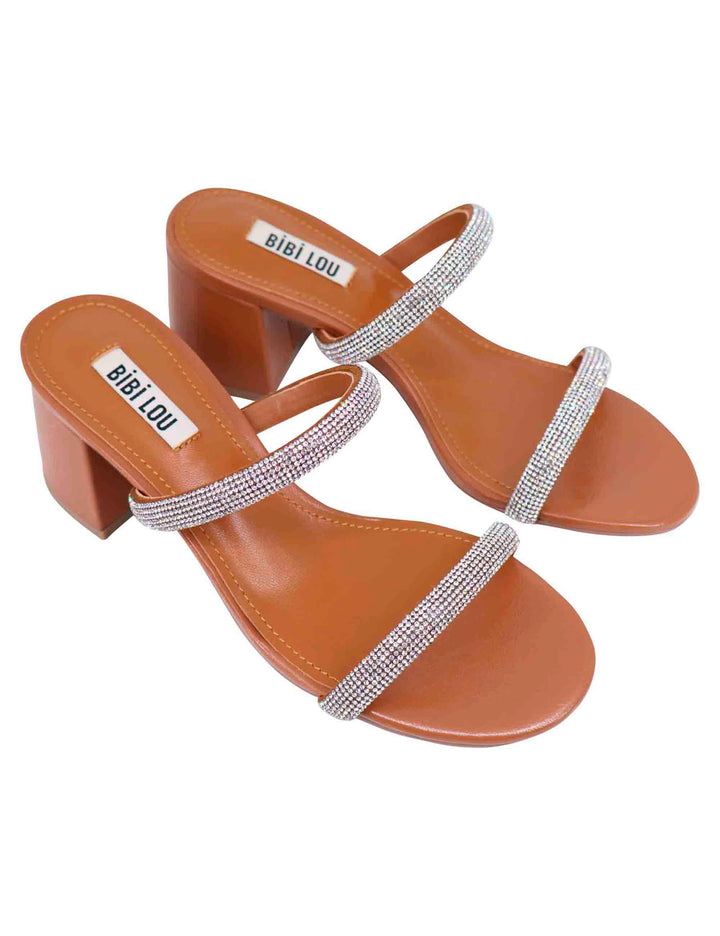 Spatarella Sandali donna in pelle cuoio con fascette in strass e punta tonda Heather Prezzo Ridotto