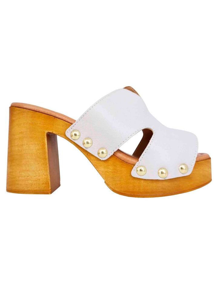 Spatarella Sandali zoccoli donna in pelle bianca con fibbie oro e tacco alto Novità