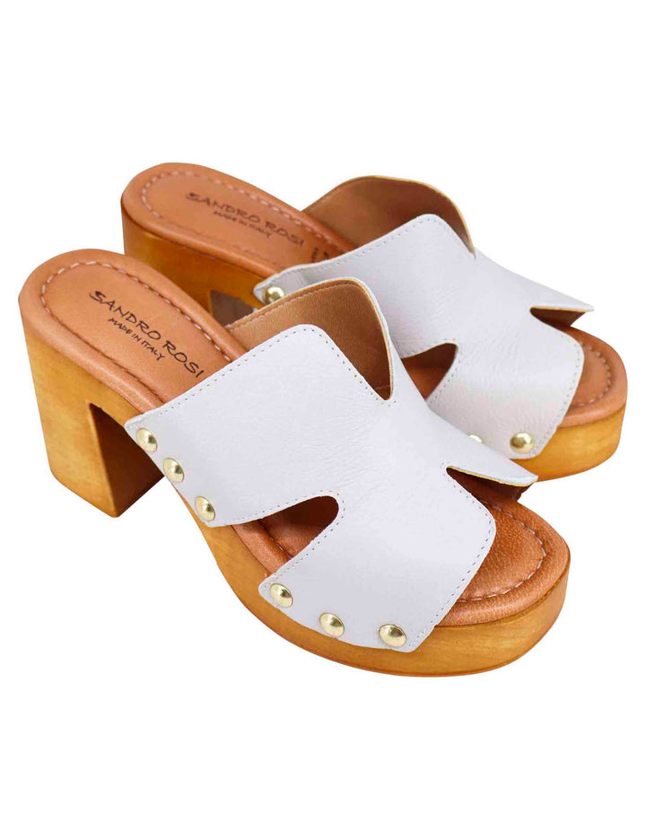 Spatarella Sandali zoccoli donna in pelle bianca con fibbie oro e tacco alto Novità