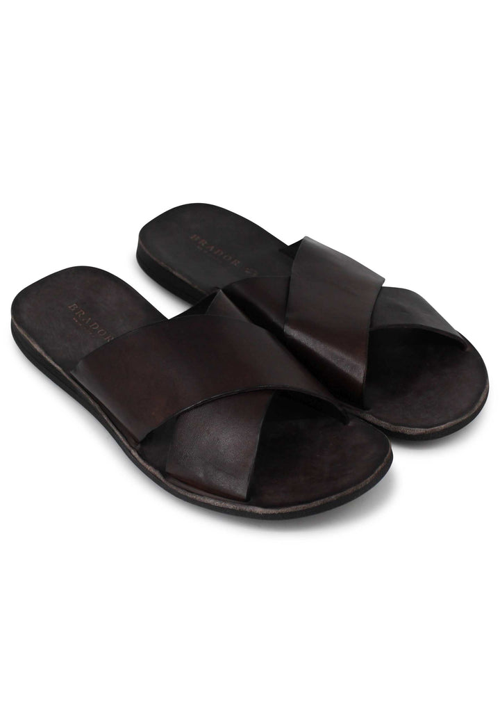 Spatarella Sandali uomo in pelle marrone con doppio incrocio Sconto