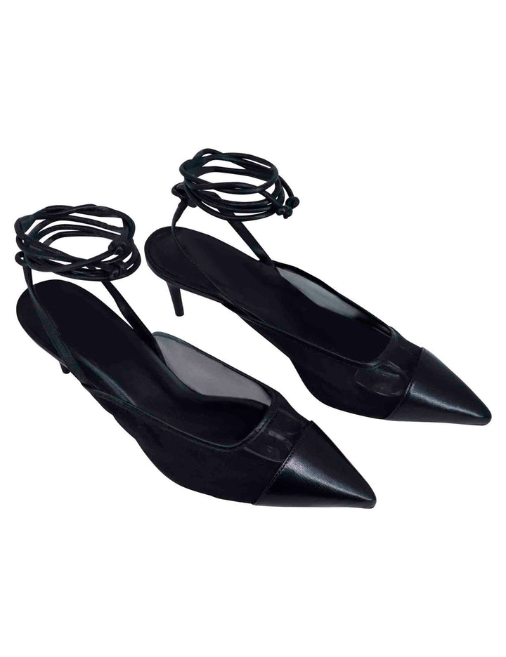 Spatarella Decollete slingback donna in rete e pelle nera con punta a punta e laccetti removibili Economico