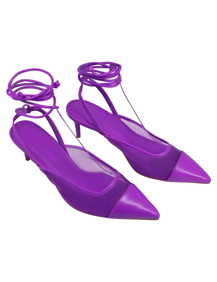 Spatarella Decollete slingback donna in rete e pelle viola con punta a punta e laccetti removibili Saldi