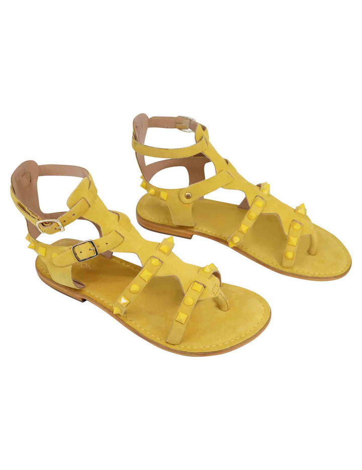 Spatarella Sandali donna gladiatore in camoscio giallo con suola bassa in cuoio Vendita Calda