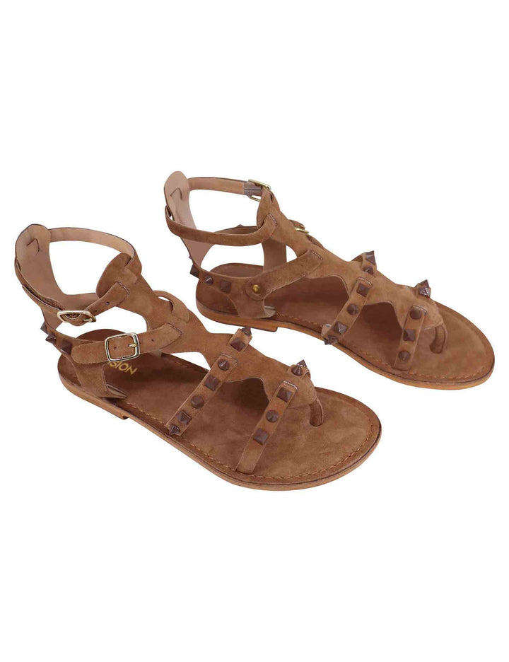 Spatarella Sandali donna gladiatore in camoscio taupe con suola bassa in cuoio Saldi Di Fabbrica
