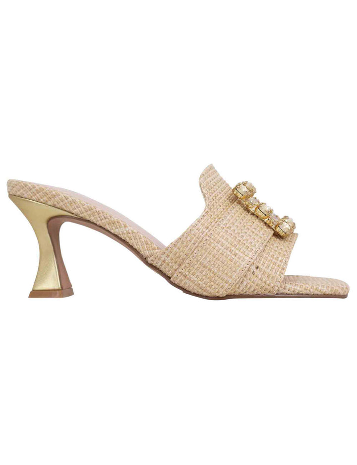 Spatarella Sandali donna in tessuto rafia beige con morsetto e tacco oro Moda