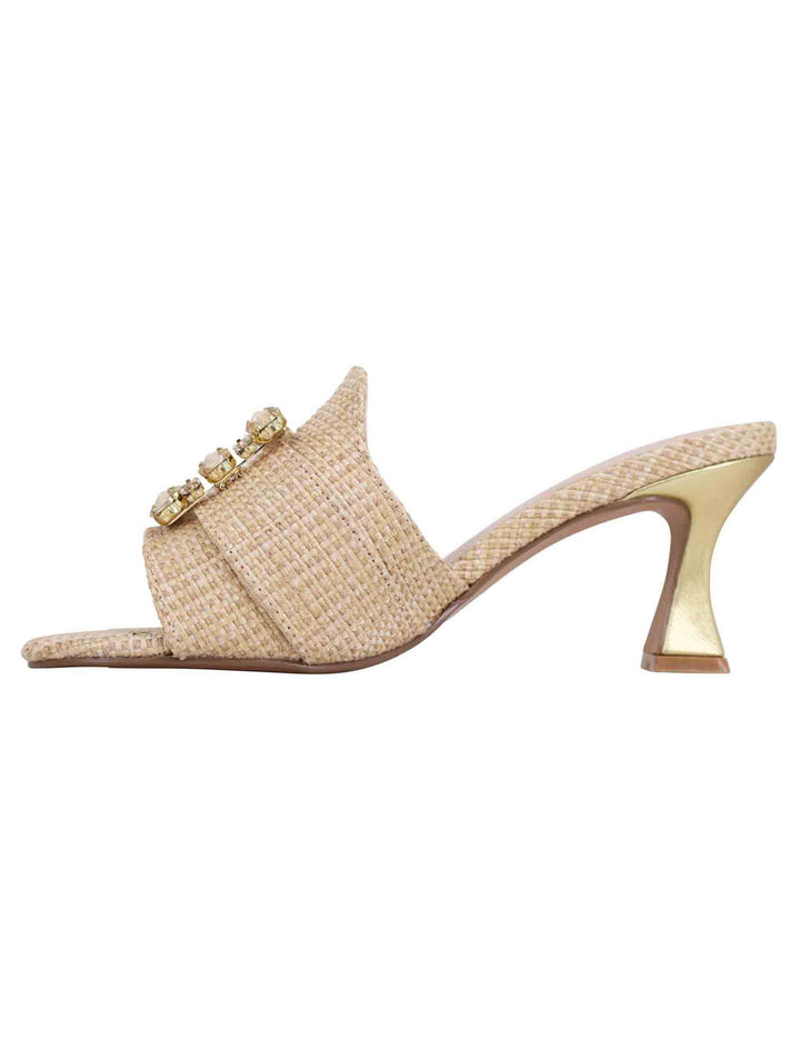 Spatarella Sandali donna in tessuto rafia beige con morsetto e tacco oro Moda