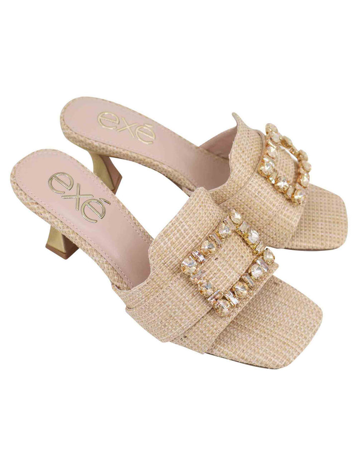 Spatarella Sandali donna in tessuto rafia beige con morsetto e tacco oro Moda