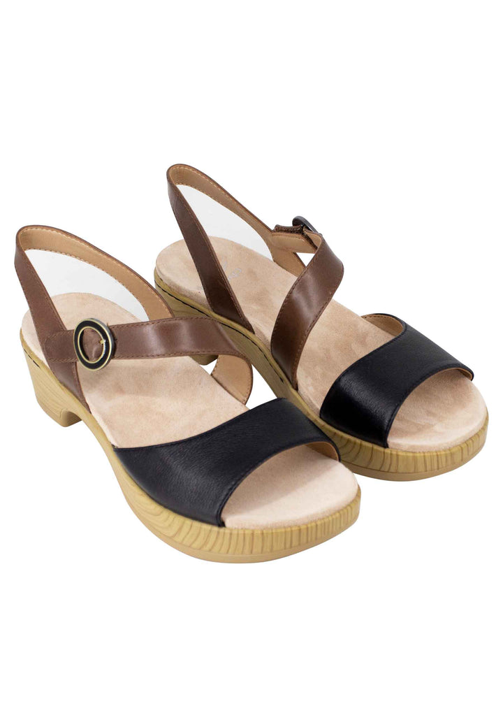 Spatarella Sandali donna in pelle nera e marrone con zeppa e cinturino Sottocosto