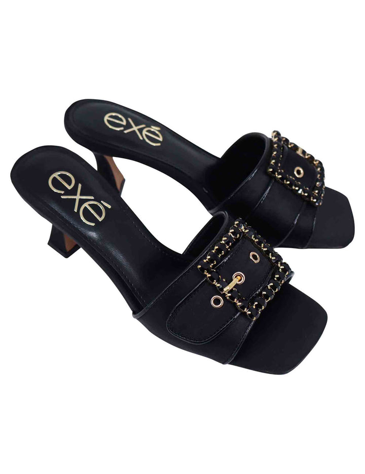 Spatarella Sandali donna in tessuto nero con morsetto e tacco in tinta Promozione Limitata