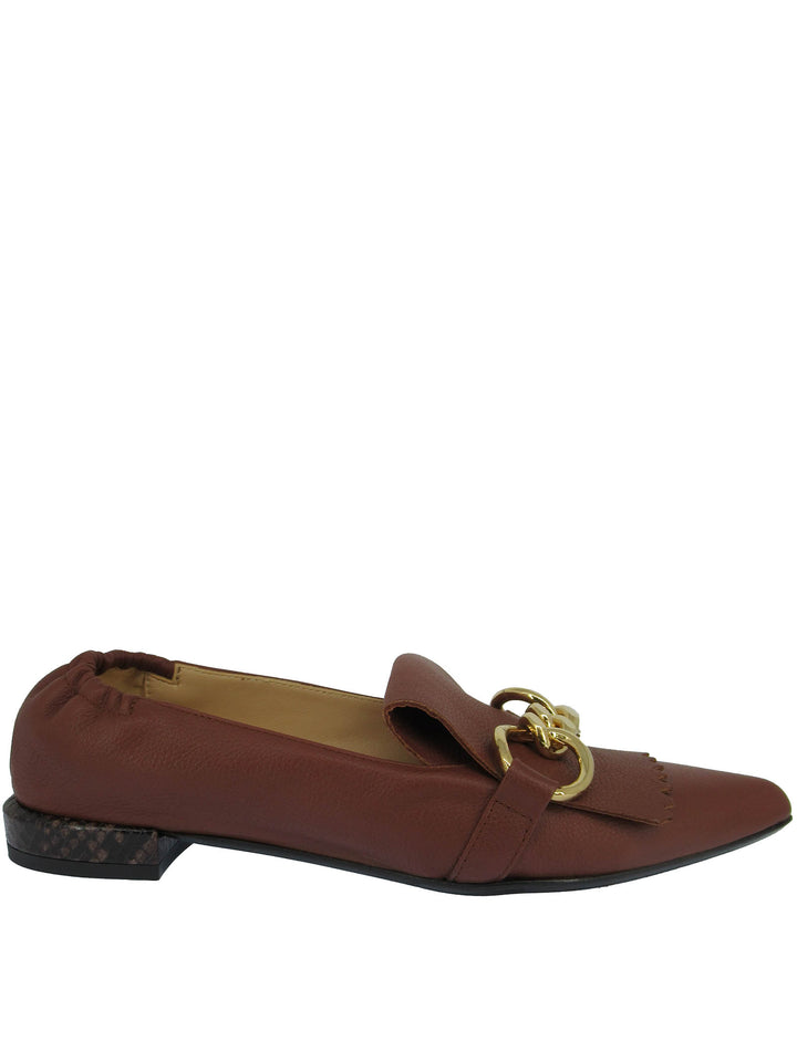 Spatarella Calzature Donna Mocassini In Pelle Cuoio con Frange e Catena Oro Punta a Punta e Tacco Basso Nuova
