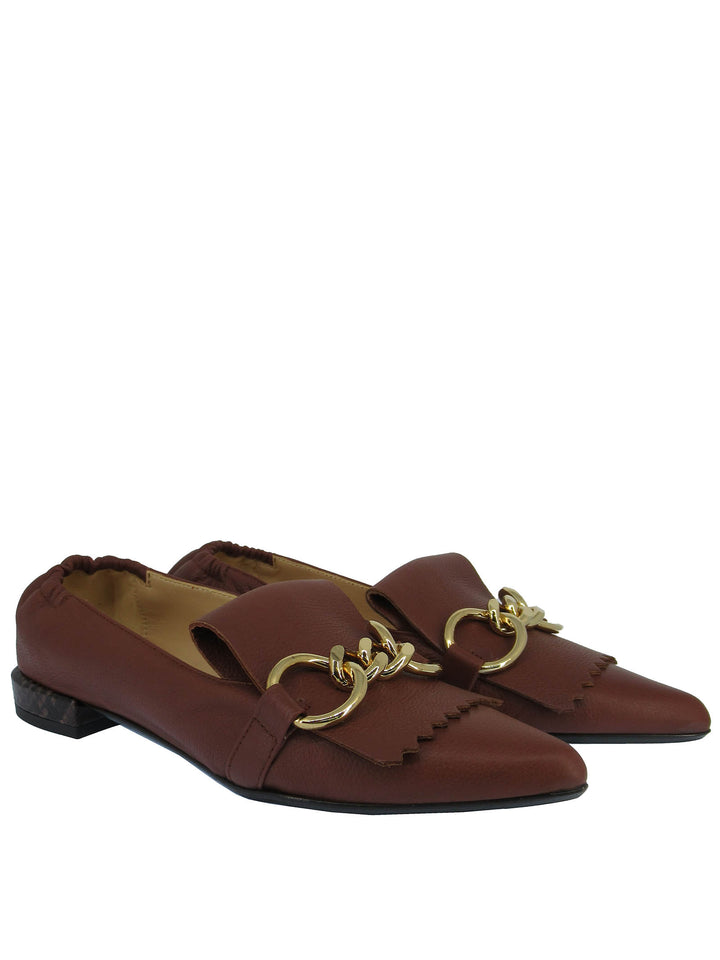 Spatarella Calzature Donna Mocassini In Pelle Cuoio con Frange e Catena Oro Punta a Punta e Tacco Basso Nuova