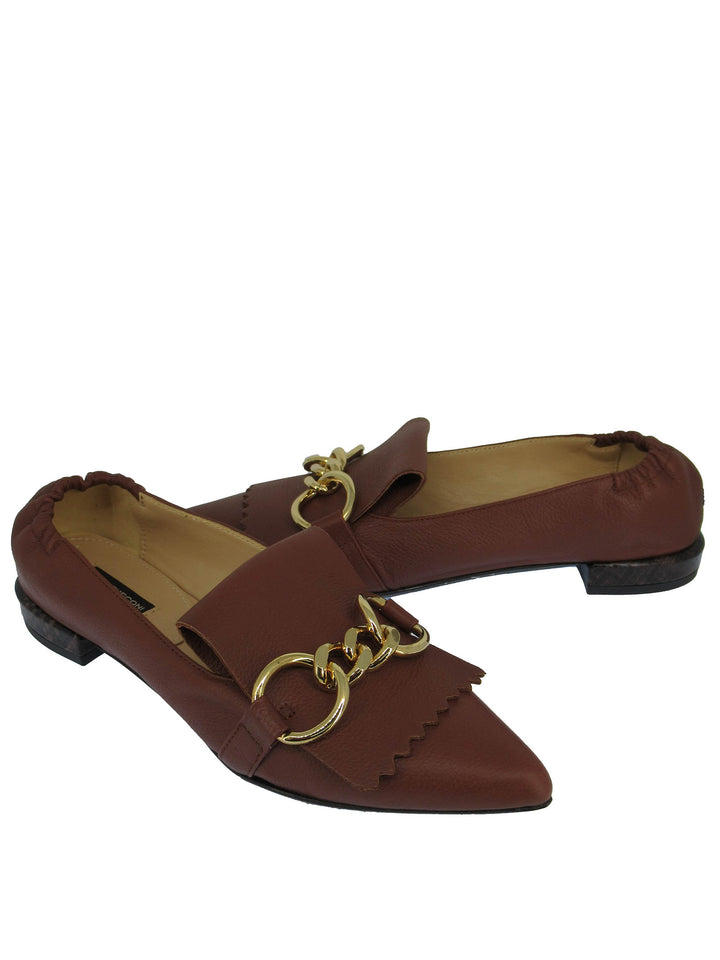 Spatarella Calzature Donna Mocassini In Pelle Cuoio con Frange e Catena Oro Punta a Punta e Tacco Basso Nuova