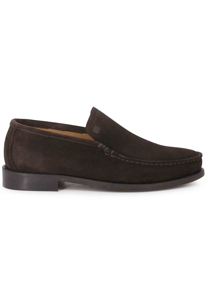 Spatarella Mocassini uomo in camoscio marrone con patta liscia e suola in cuoio cucita Spedizione Gratuita