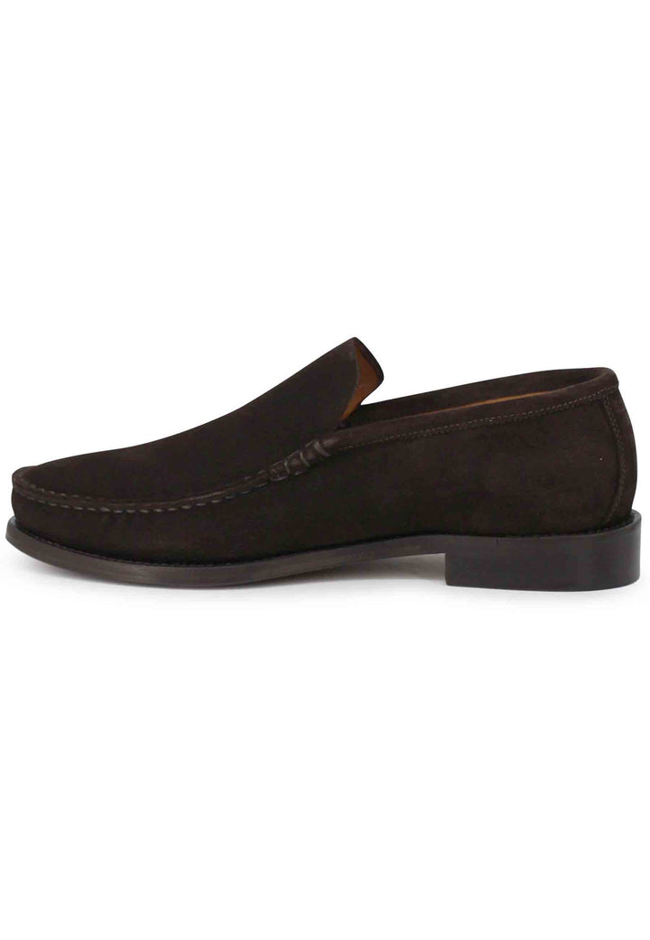 Spatarella Mocassini uomo in camoscio marrone con patta liscia e suola in cuoio cucita Spedizione Gratuita