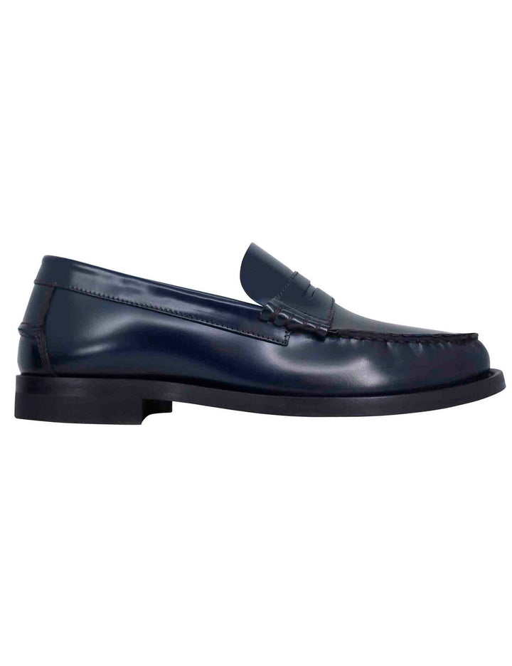 Spatarella Mocassini uomo in pelle blu con suola in cuoio cucita Consegna Veloce