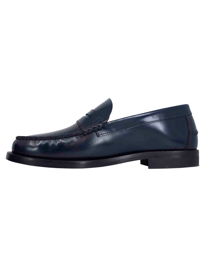 Spatarella Mocassini uomo in pelle blu con suola in cuoio cucita Consegna Veloce