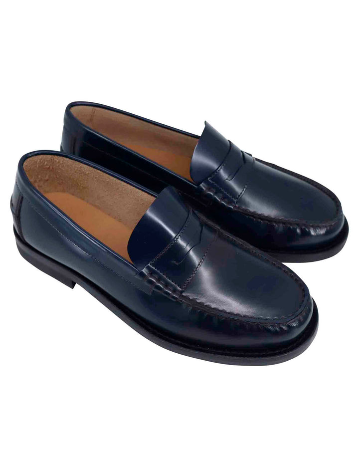 Spatarella Mocassini uomo in pelle blu con suola in cuoio cucita Consegna Veloce
