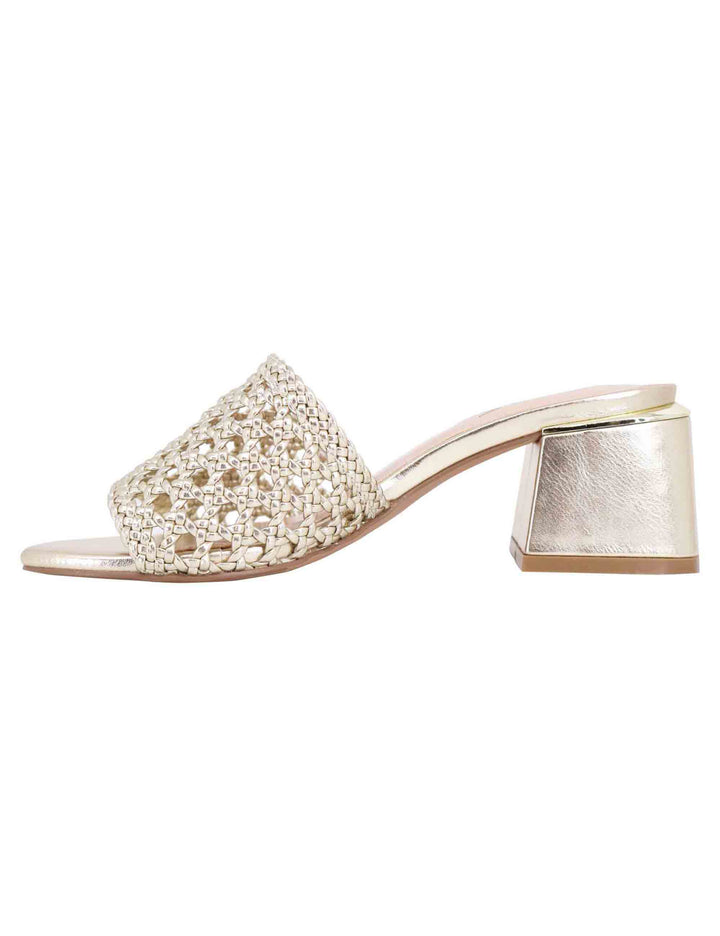 Spatarella Sandali donna in eco pelle oro intrecciata con punta quadra In Saldo