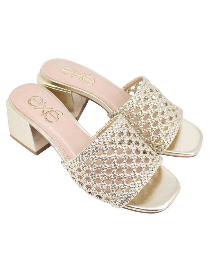 Spatarella Sandali donna in eco pelle oro intrecciata con punta quadra In Saldo