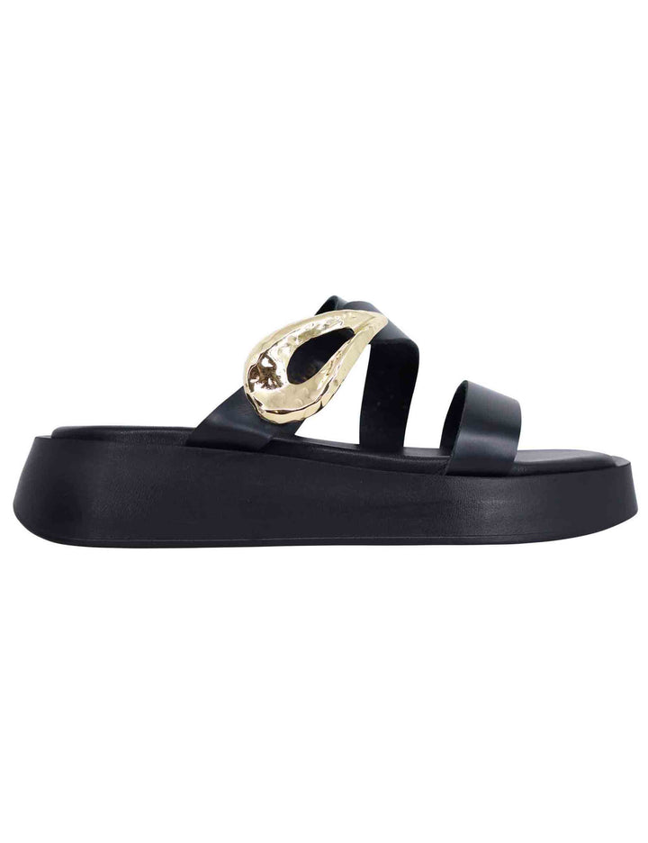 Spatarella Sandali donna in pelle nera con accessorio oro e zeppa in gomma Moda