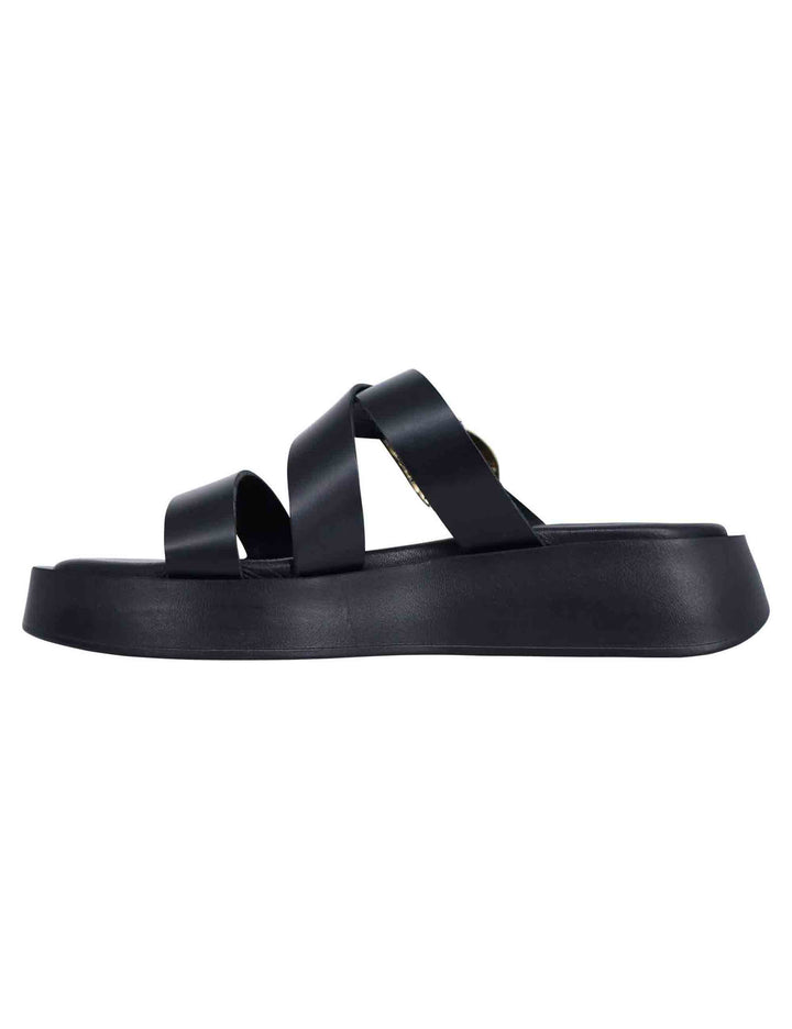 Spatarella Sandali donna in pelle nera con accessorio oro e zeppa in gomma Moda