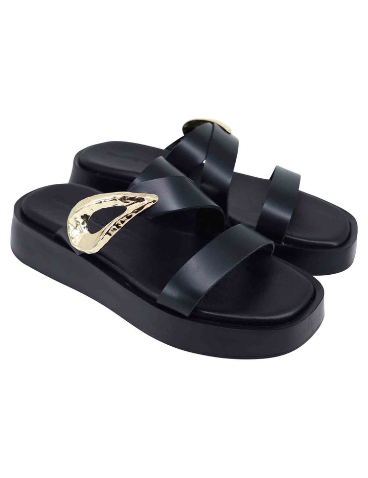 Spatarella Sandali donna in pelle nera con accessorio oro e zeppa in gomma Moda