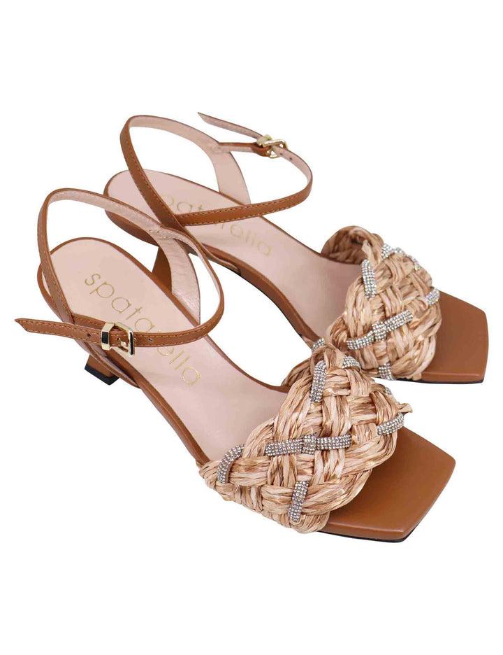 Spatarella Sandali donna in pelle cuoio con raffia e strass a tacco alto Negozi Online
