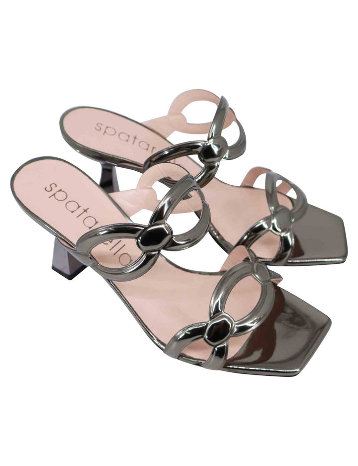 Spatarella Sandali donna in pelle laminata grigia con tacco alto e punta quadra Acquista Ora