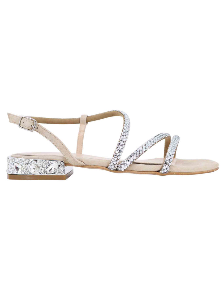 Spatarella Sandali bassi slingback donna in camoscio beige con strass e tacco gioiello Consegna Veloce