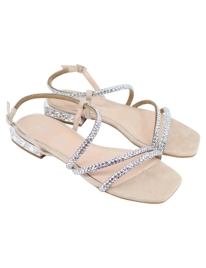 Spatarella Sandali bassi slingback donna in camoscio beige con strass e tacco gioiello Consegna Veloce