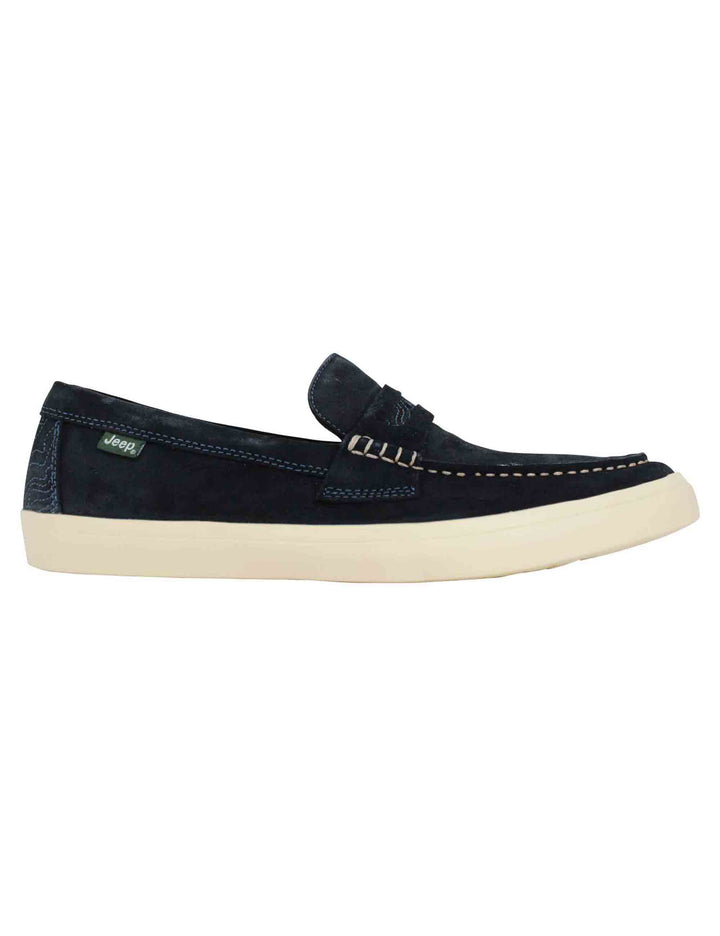Spatarella Mocassini uomo Moki Suede in camoscio blu con suola in gomma bianca Outlet