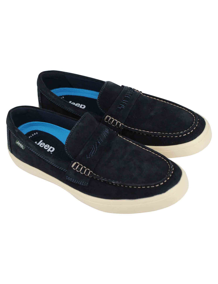 Spatarella Mocassini uomo Moki Suede in camoscio blu con suola in gomma bianca Outlet