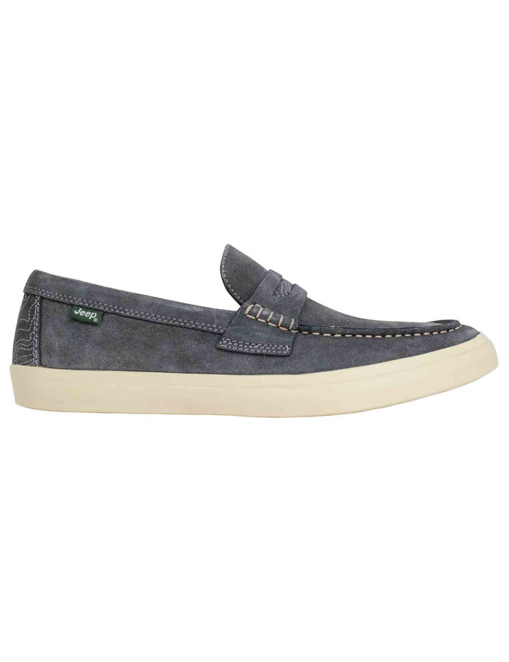 Spatarella Mocassini uomo Moki Suede in camoscio grigio con suola in gomma bianca In Vendita