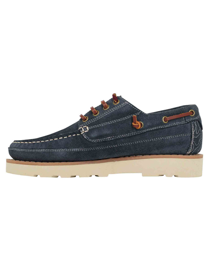 Spatarella Stringate uomo Hopi Suede in camoscio blu con lacci in cuoio e suola bianca Saldi