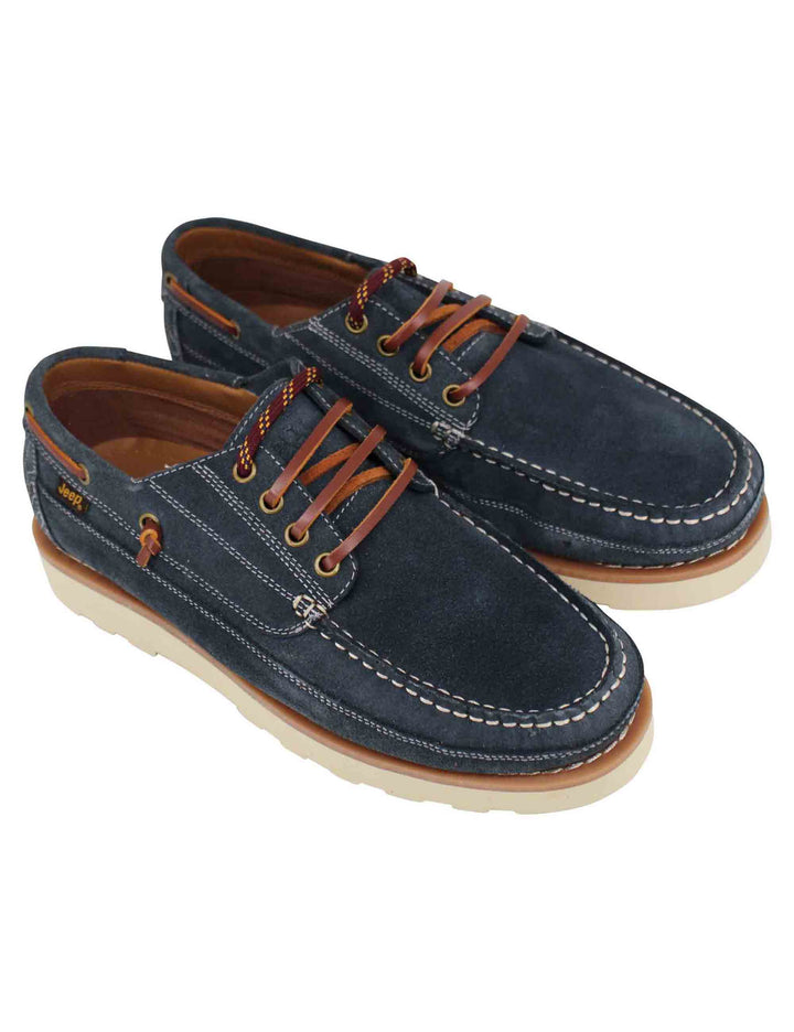 Spatarella Stringate uomo Hopi Suede in camoscio blu con lacci in cuoio e suola bianca Saldi
