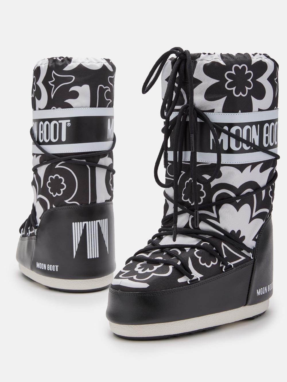 Moon Boot ICON NERO CON MOTIVO FLOREALE Nuovo